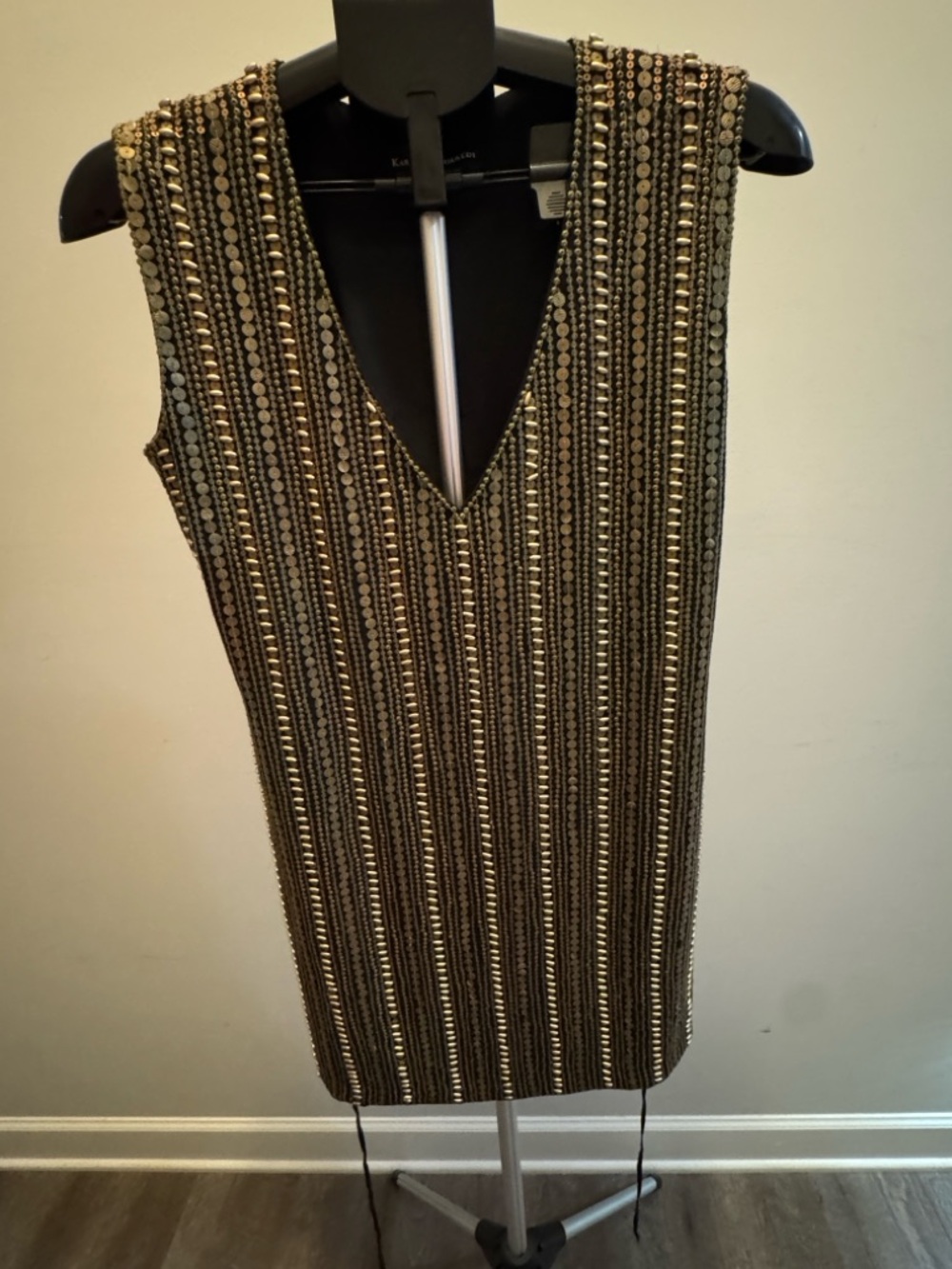Karina Grimaldi Black Mini Dress with Gold Bead Stripes